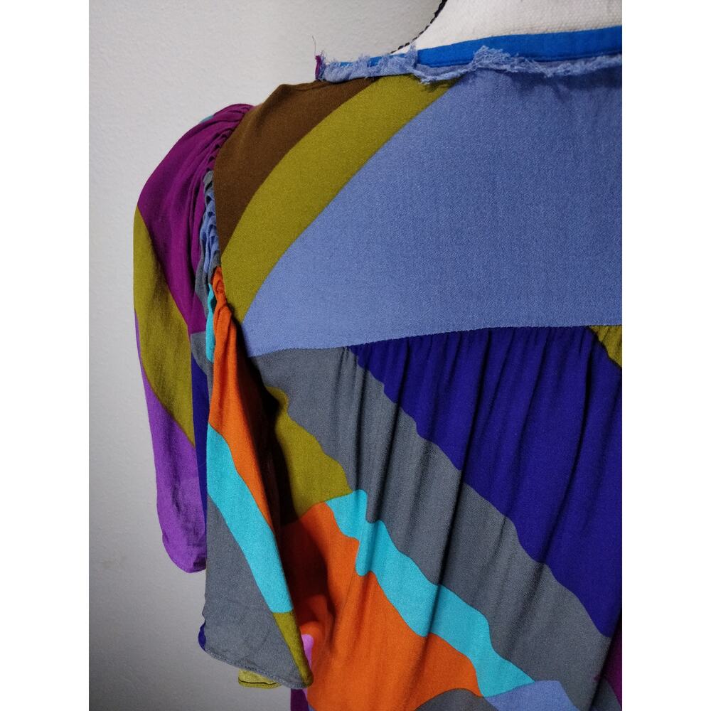 Anthropologie Hiche Mosaic Multicolor Blue Colorblock Flutter Sleeve Top S - Picture 7 of 10